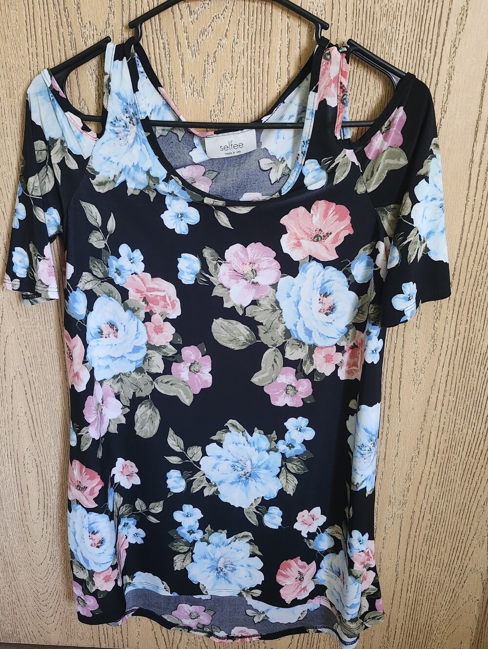 Selfee Floral Cold-Shoulder Top in Black with Blue & Pink Blooms